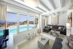 Villa, 5 Bedrooms, Private Pool | Living area | Flat-screen TV, fireplace, MP3 dock - Villa Harmony (Mykonos)