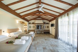 A hotel room with two beds, a ceiling fan, a fireplace, and a television. - B&B Casa Ceruti (Villa Guardia)