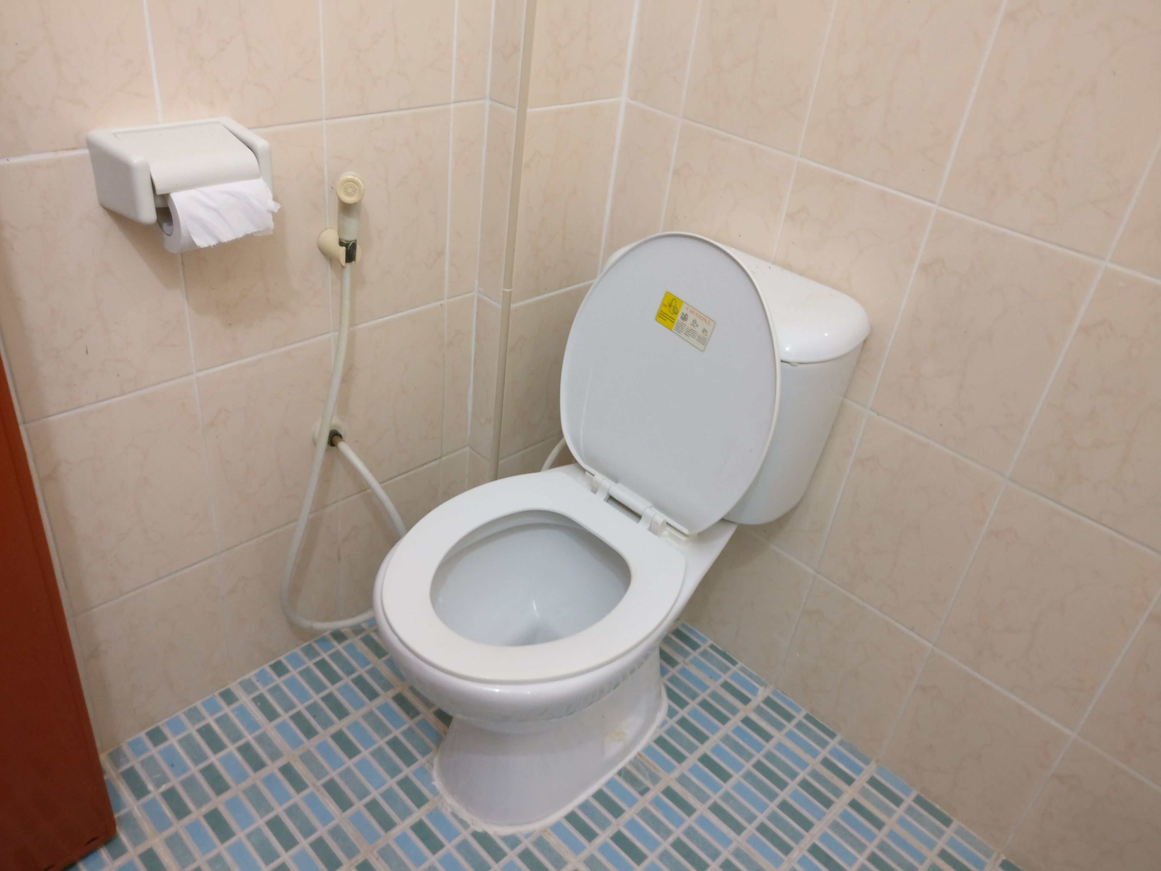 Un baño con inodoro, dispensador de toallas de papel y cabezal de ducha.