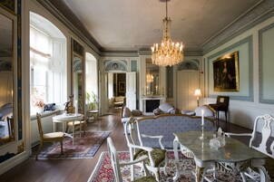 Un comedor formal con muebles ornamentados, una araña y una chimenea.