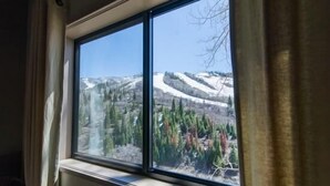 Una ventana con vista a un paisaje montañoso nevado.