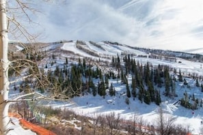 Un paysage de montagne enneigé avec une piste de ski, des arbres et un ciel dégagé.