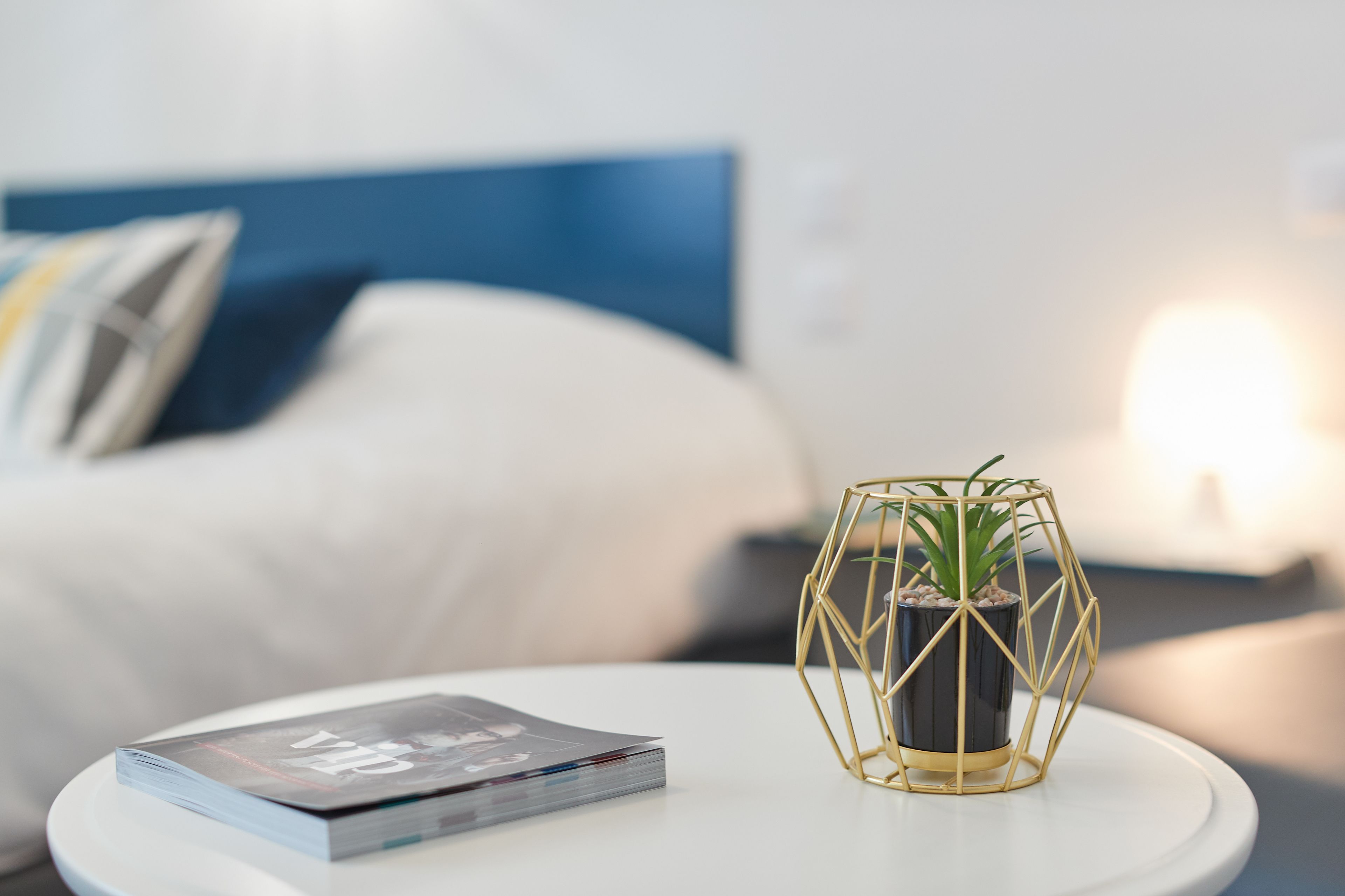 A modern room with a white round table, a magazine, and a geometric plant pot.