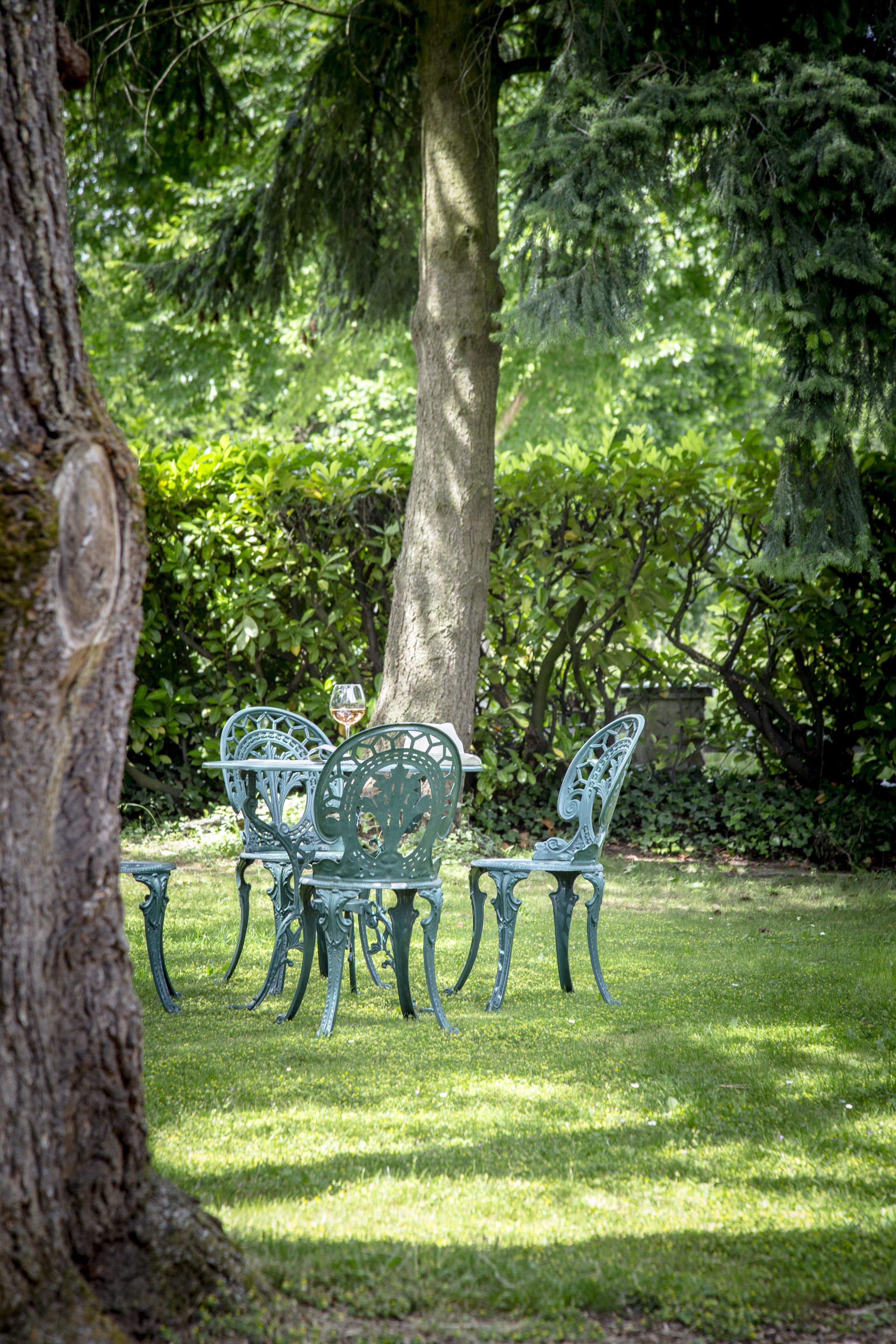 A garden with a table and chairs, surrounded by trees and greenery.