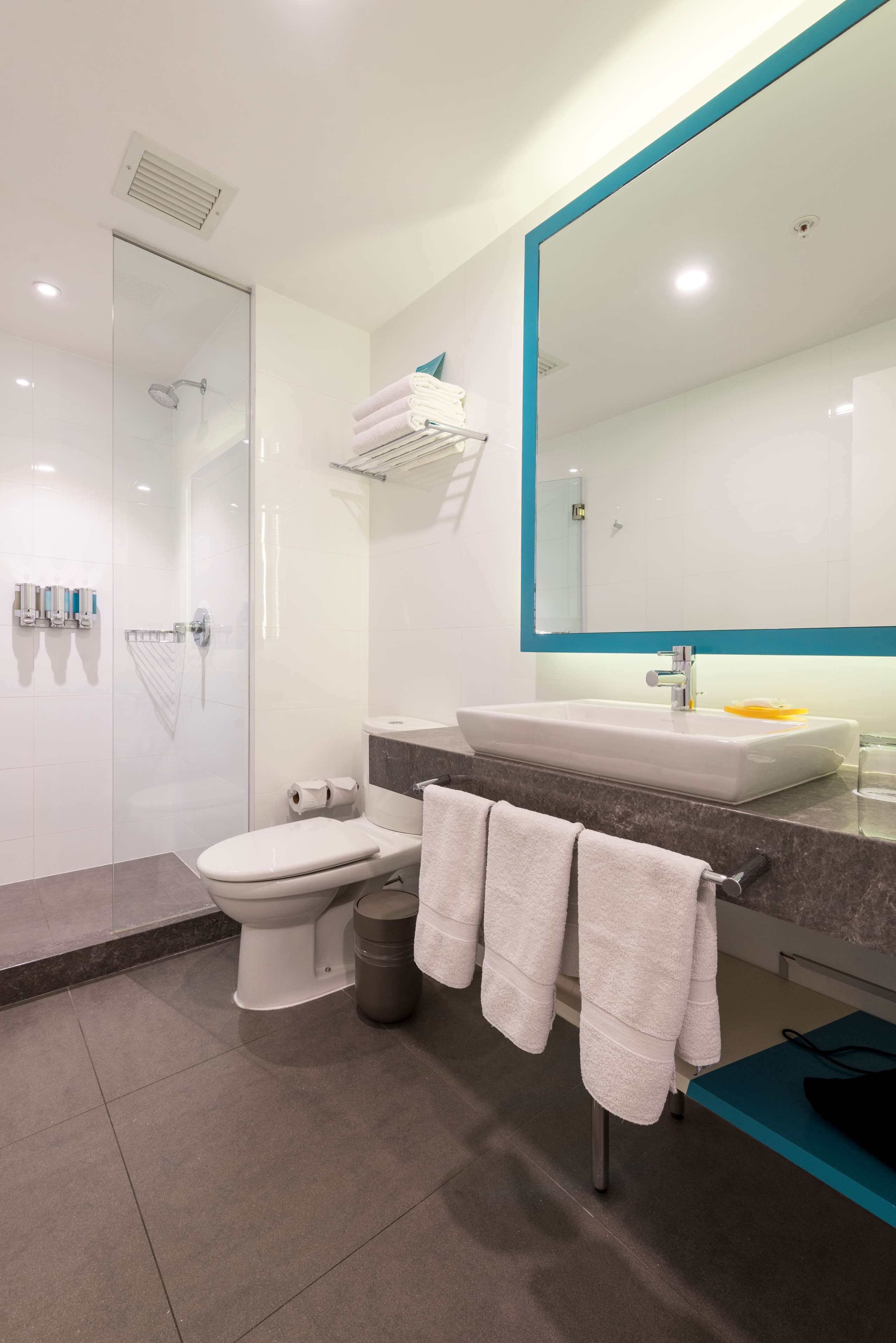 shower, free toiletries, hair dryer, towels