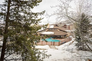 A house with a swimming pool, surrounded by snow and trees.