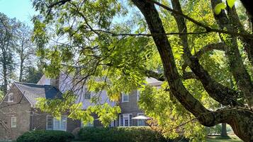 A house with a well-maintained lawn and a large tree in the foreground.