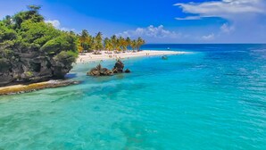 Ein Strand mit klarem türkisblauem Wasser, Palmen und einem Felsen.