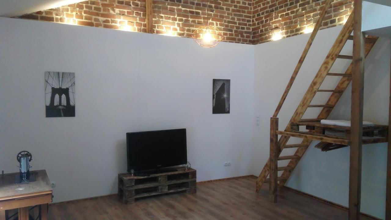 Una habitación con techo de ladrillo, suelo de madera, un televisor sobre un pedestal de madera y una escalera apoyada en la pared.
