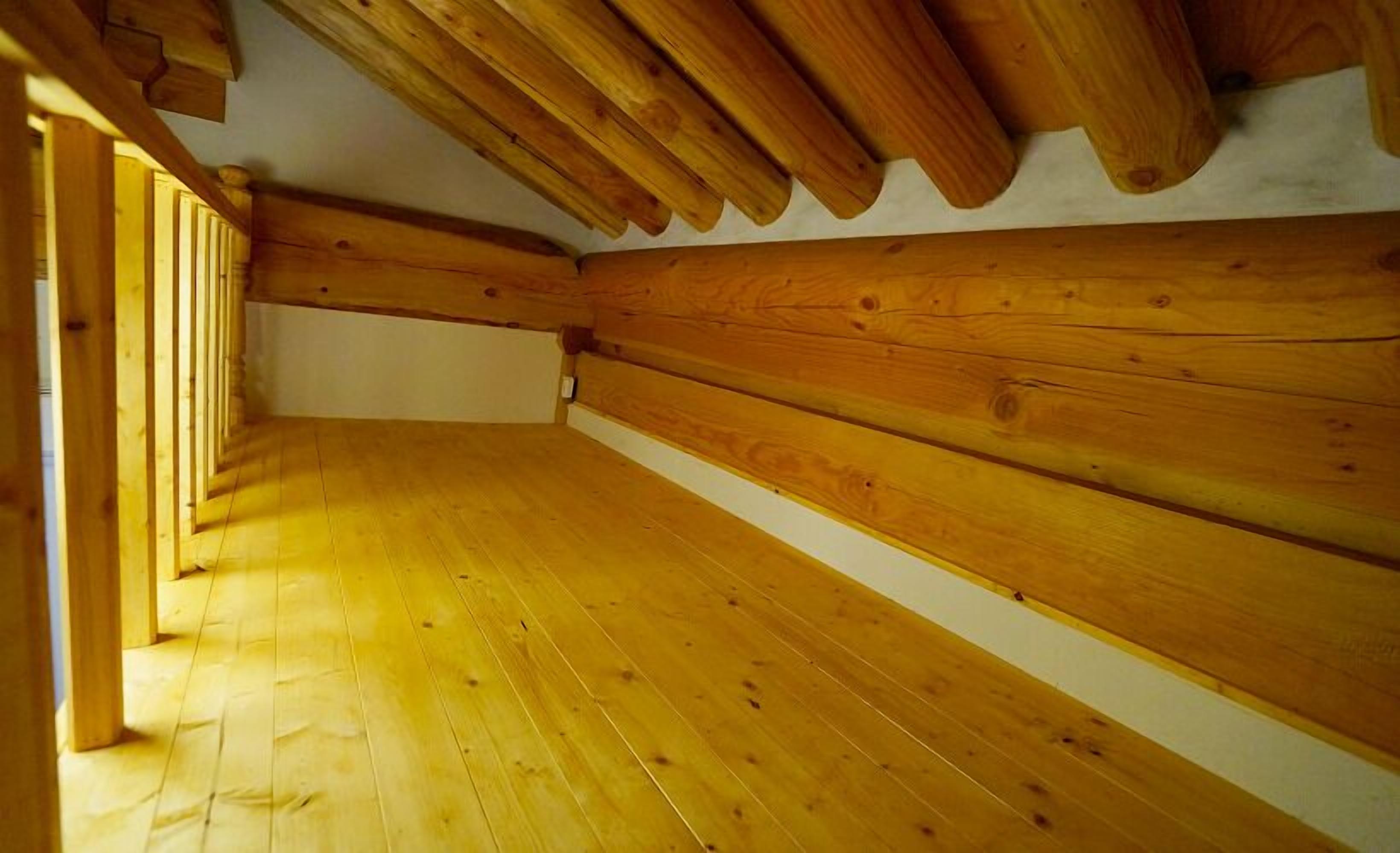 A room with wooden walls and floors, a sloped ceiling, and a visible door.