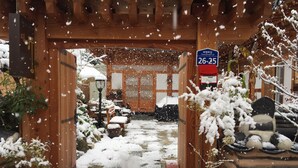 A wooden entrance with a sign indicating room numbers 26-25. Snow is falling, covering the ground and plants. - The Mumum (Jeonju)