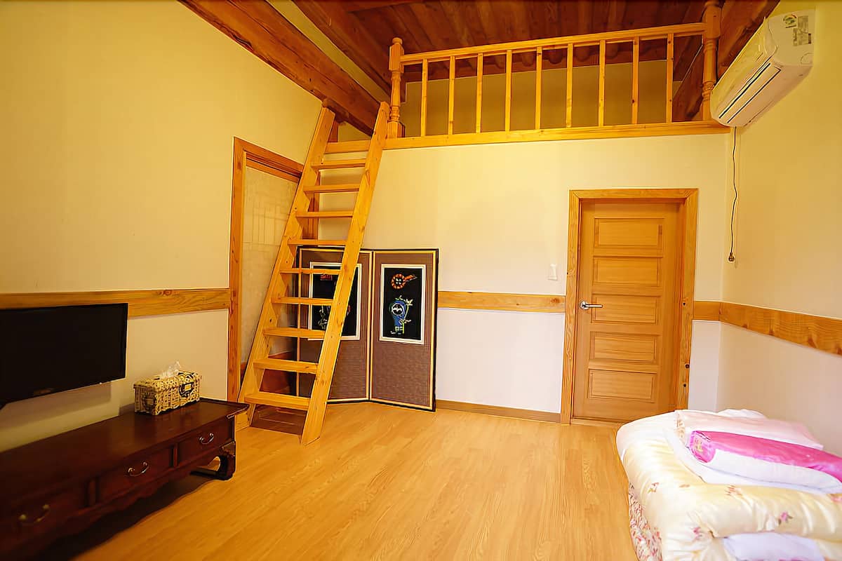 A room with a wooden ladder leading to a loft, a bed with pink bedding, a dresser, a TV, and a door with a small window.