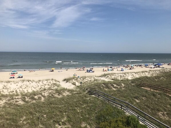 Une plage avec un rivage sablonneux, des gens et des parasols de plage.