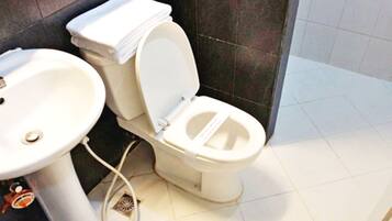 Shower, free toiletries, hair dryer, slippers