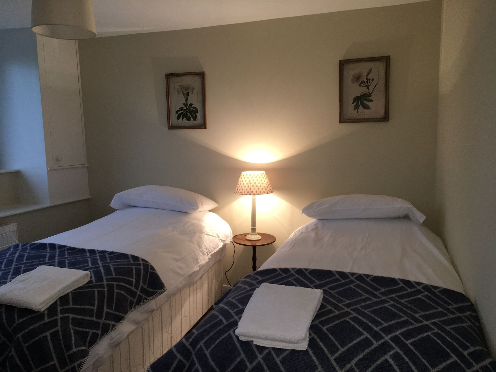 Two single beds with patterned bedding, a bedside lamp, and framed botanical prints on the wall.