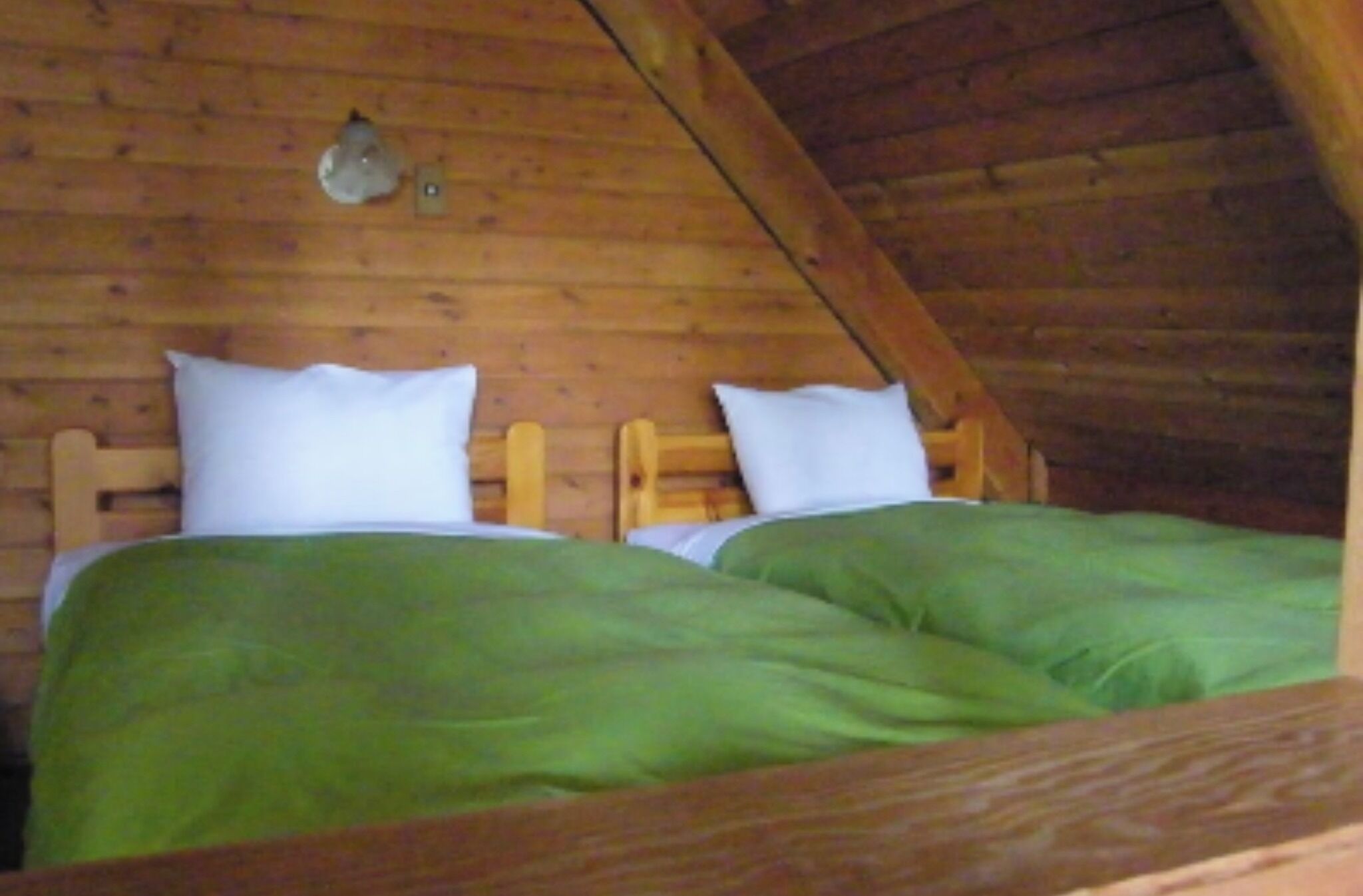 Ein Holzhüttenraum mit zwei Betten, jeweils mit weißen Kissen und grüner Bettwäsche.