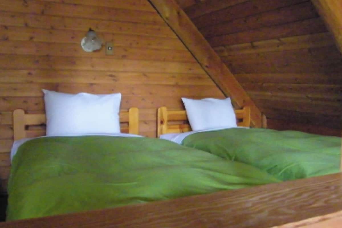 Ein Holzhüttenraum mit zwei Betten, jeweils mit weißen Kissen und grüner Bettwäsche.