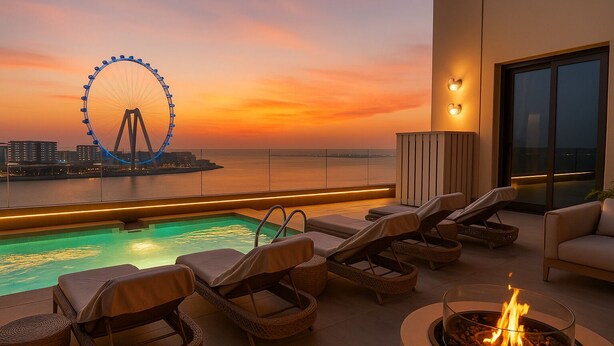 Zona de piscina en la azotea con sillones de descanso, una fogata y vistas a una noria al atardecer.