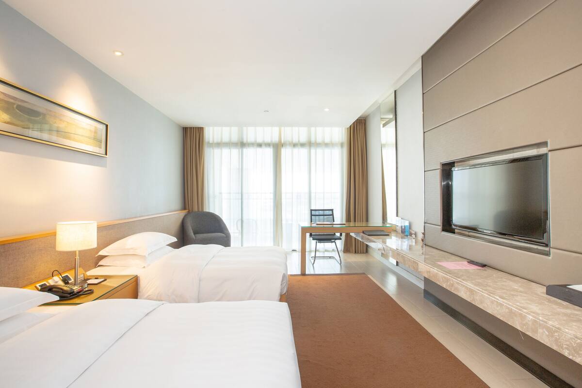 Habitación de hotel con dos camas, un escritorio, una silla, un televisor y un cuadro en la pared.