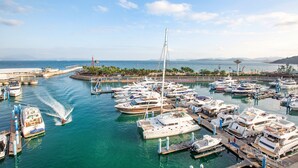 A marina with multiple boats docked, a clear sky, and a distant view of mountains. - Da Mei Sha Yacht Club Resort (Shenzhen)