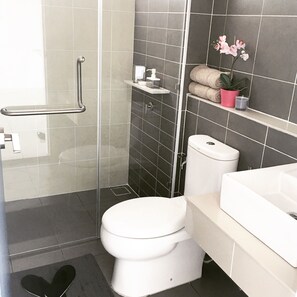 Suite Studio Exclusive, cuisine, vue ville | Salle de bain | Douche, articles de toilette gratuits, sèche-cheveux