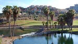 A coastal resort with a large building complex, palm trees, and a golf course.