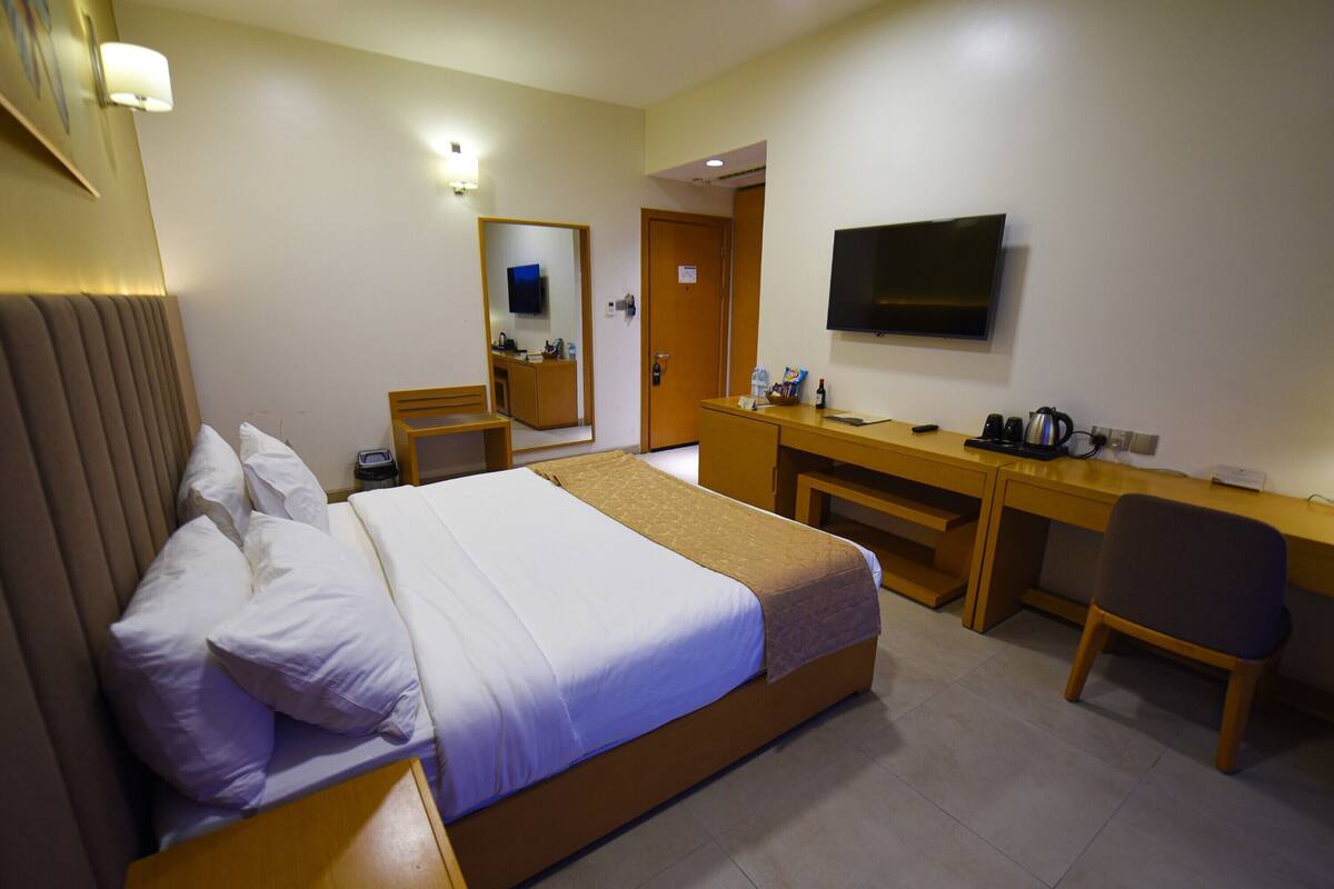 Habitación de hotel con una cama grande, un escritorio, una silla, un televisor y un espejo.