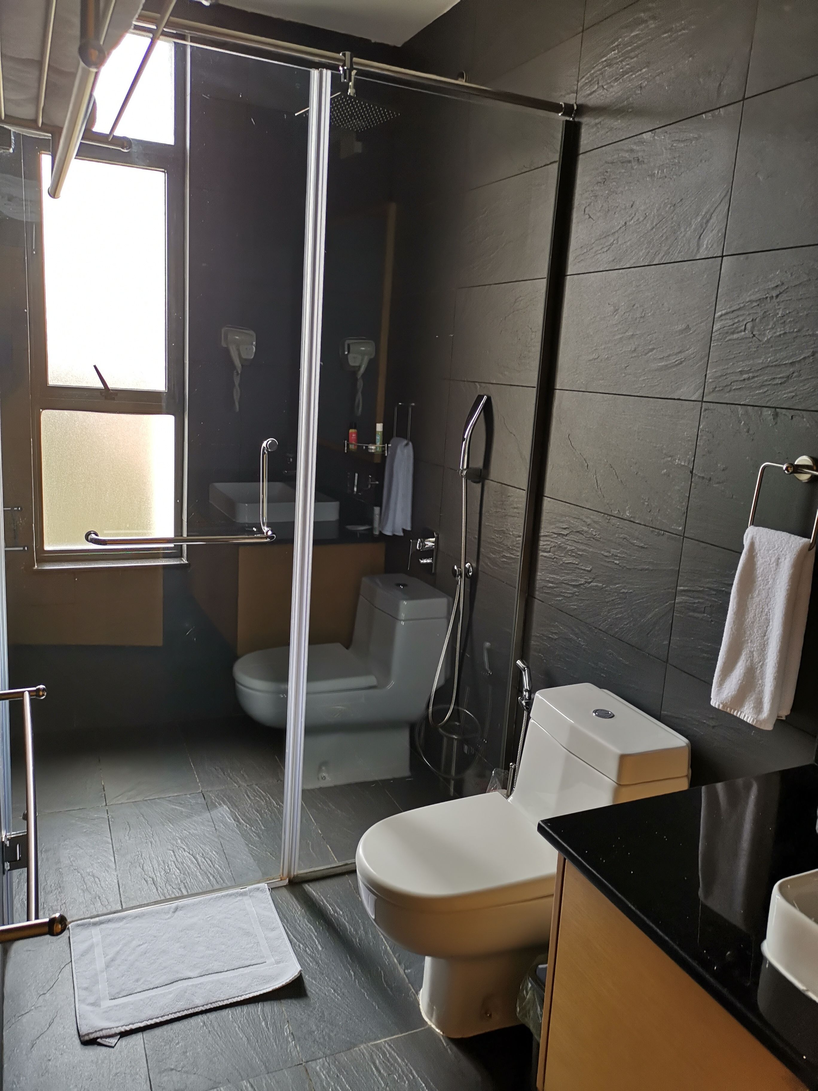 A modern bathroom with a shower, toilet, and sink.