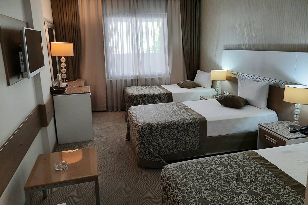 Une chambre d’hôtel avec deux lits, un bureau, une télévision et une fenêtre avec des rideaux.
