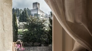 A view through a window of a castle-like structure surrounded by trees and a stone wall. - Hotel Ideale (Assisi)