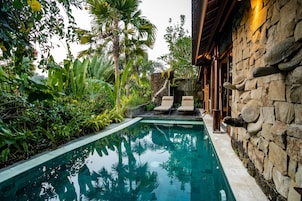 Una piscina rodeada de exuberante vegetación tropical y un muro de piedra con diseño rústico.