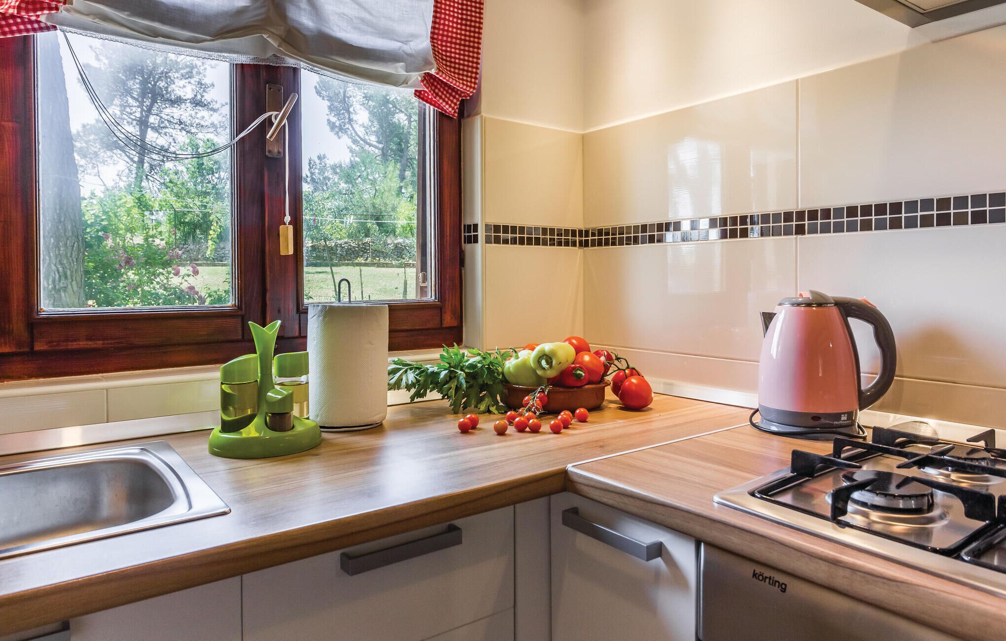 A kitchen with a window, a sink, a stove, and various fruits and vegetables on the counter.