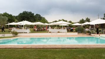 Seasonal outdoor pool, pool umbrellas, pool loungers