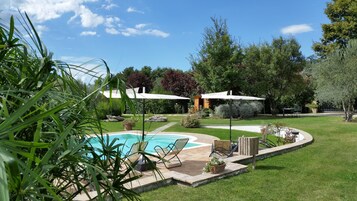 Seasonal outdoor pool, pool umbrellas, sun loungers