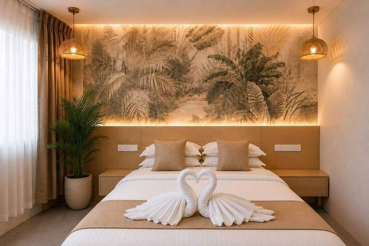 Una habitación de hotel con cama, un mural en la pared, dos lámparas colgantes y una planta en maceta.