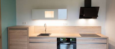 A modern kitchen with a built-in dishwasher, a sink, and a microwave.