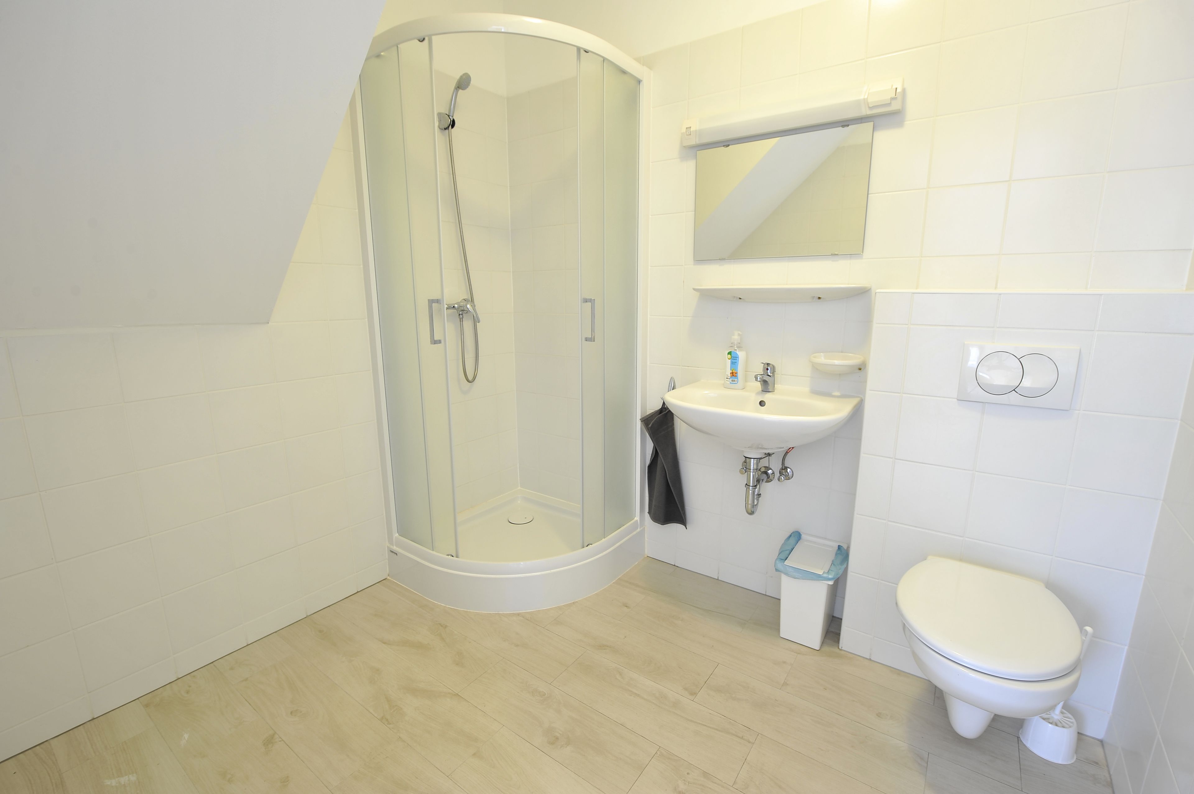 Ein modernes Badezimmer mit Duschkabine aus Glas, Waschbecken, Toilette und Spiegel über dem Waschbecken.