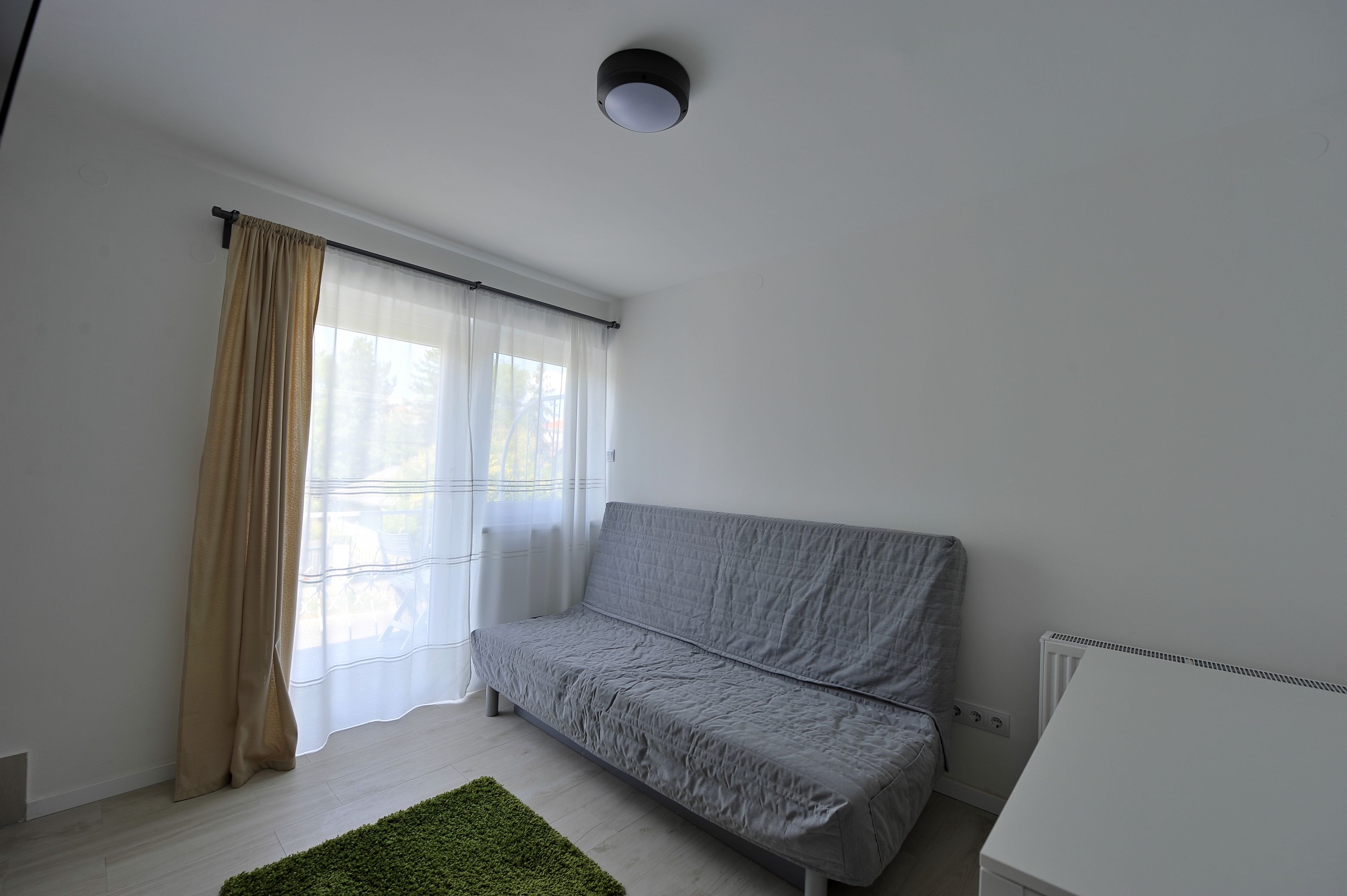 Una sala de estar minimalista con un sofá gris, un radiador blanco y una alfombra verde.