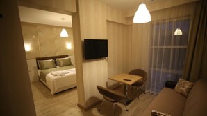 A hotel room with a bed, a desk, a chair, a sofa, and a TV. - Bal Otel (Tirebolu)