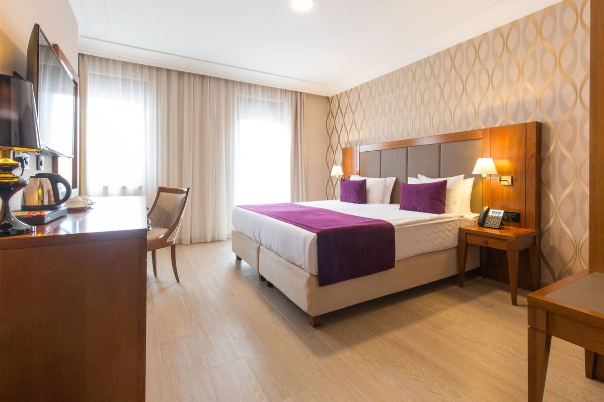 Habitación de hotel con una cama grande, un escritorio con teléfono, una silla y un televisor.