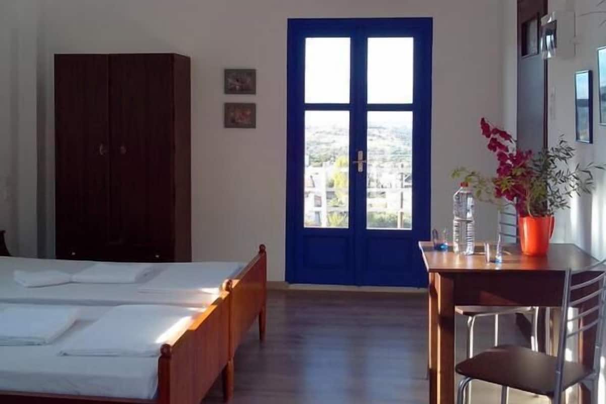 A bedroom with a bed, a desk with a chair, a wardrobe, and a blue door with a view.