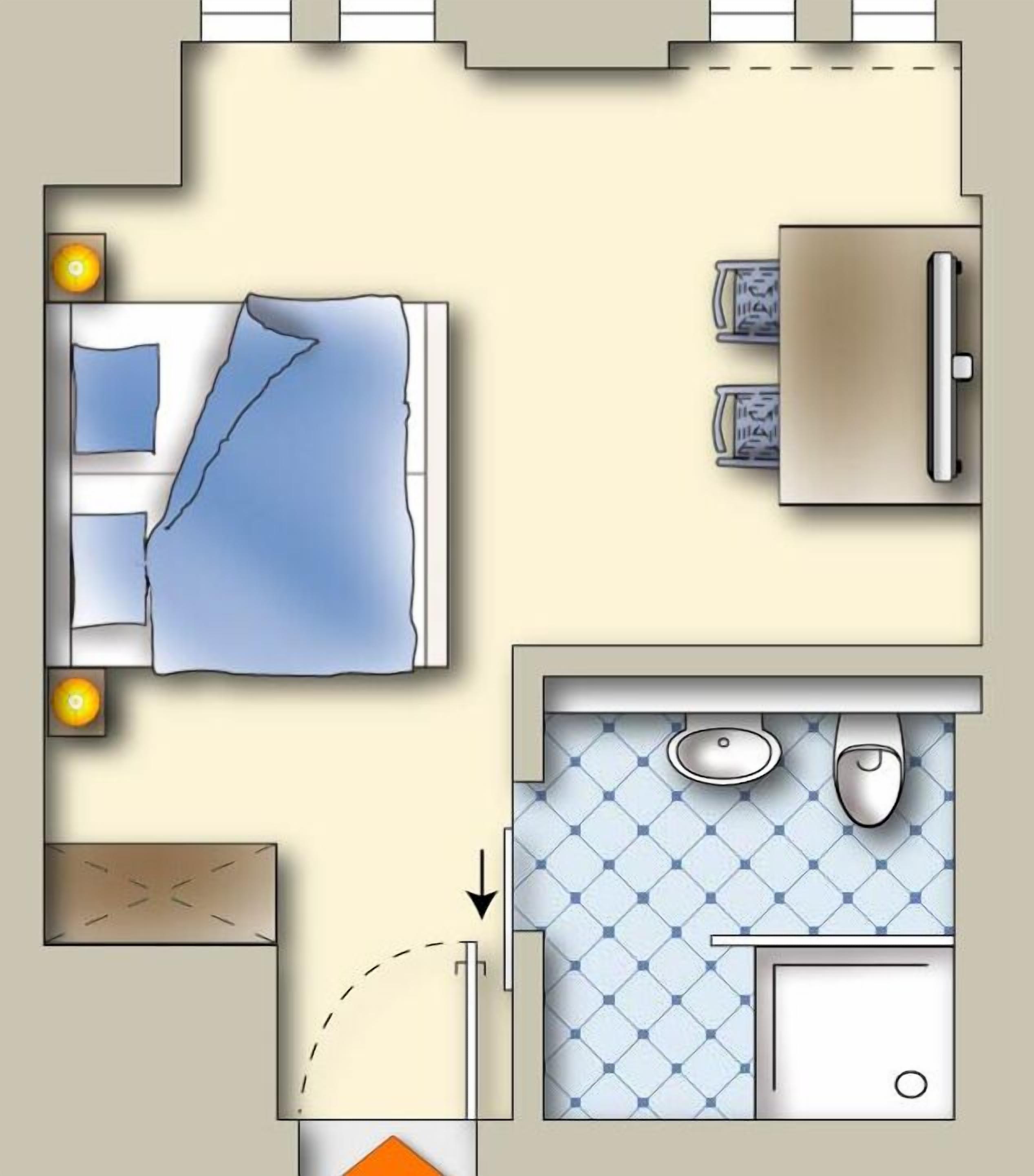 Un plan d’aménagement de chambre d’hôtel comprenant un lit, un bureau, une salle de bain et un petit coin salon.