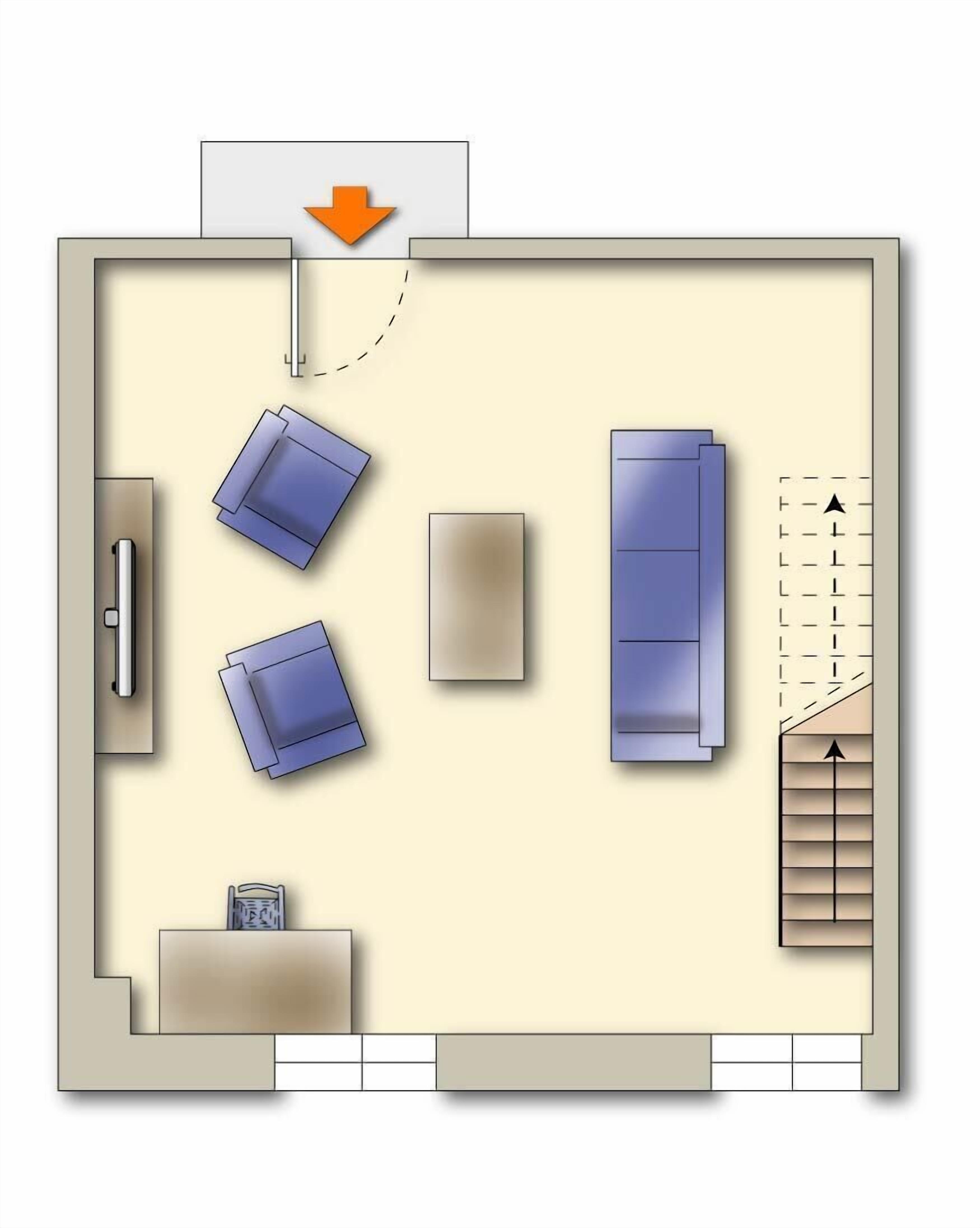 Distribución de una habitación de hotel con una cama, un escritorio, una silla y una mesita.