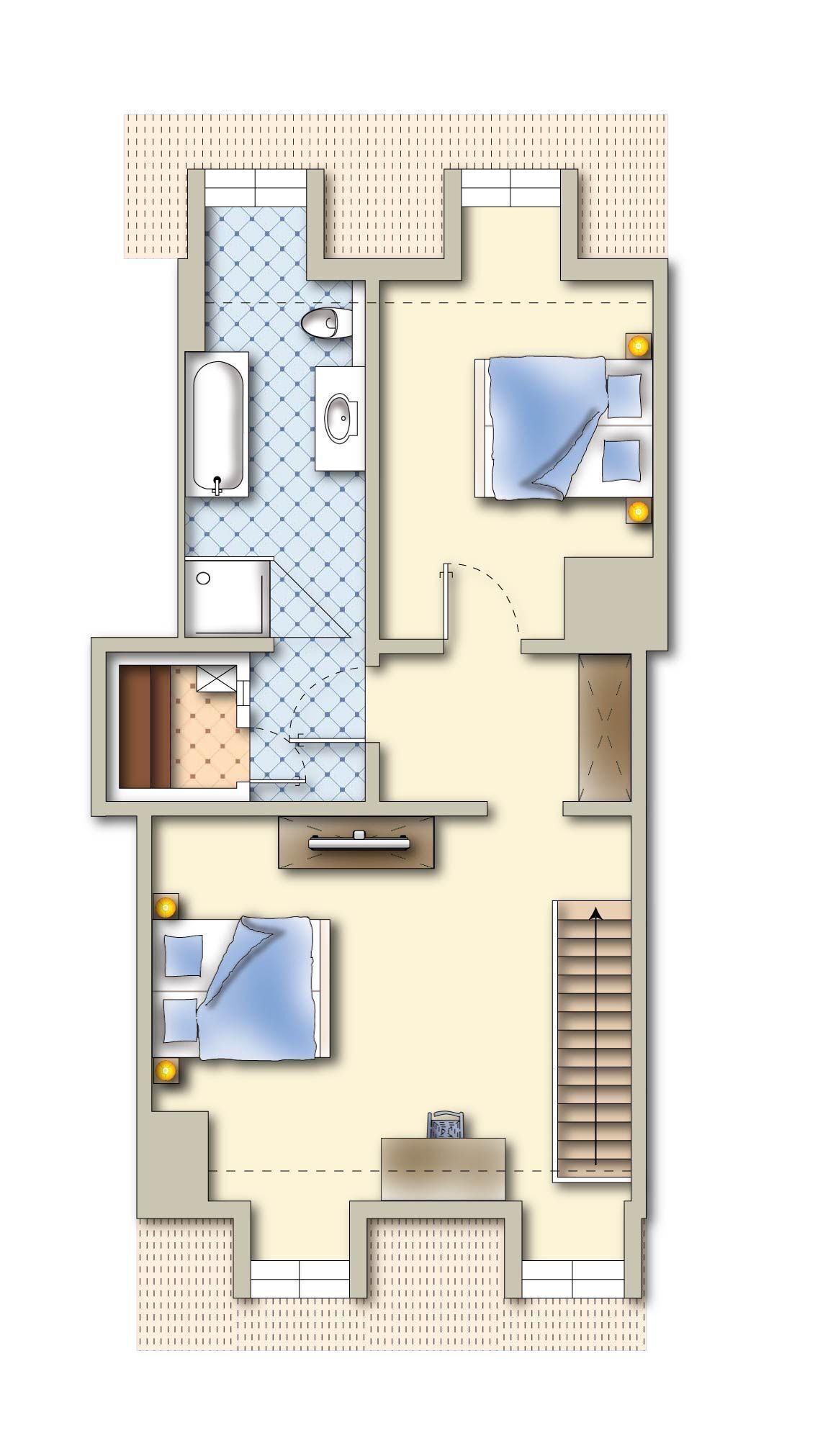 Plano de planta de una habitación de hotel con baño, una pequeña cocina, una zona de estar y un dormitorio con dos camas.