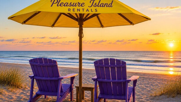 Une scène de plage avec un parasol jaune sur lequel on peut lire « Pleasure Island Rentals » et deux chaises Adirondack violettes.