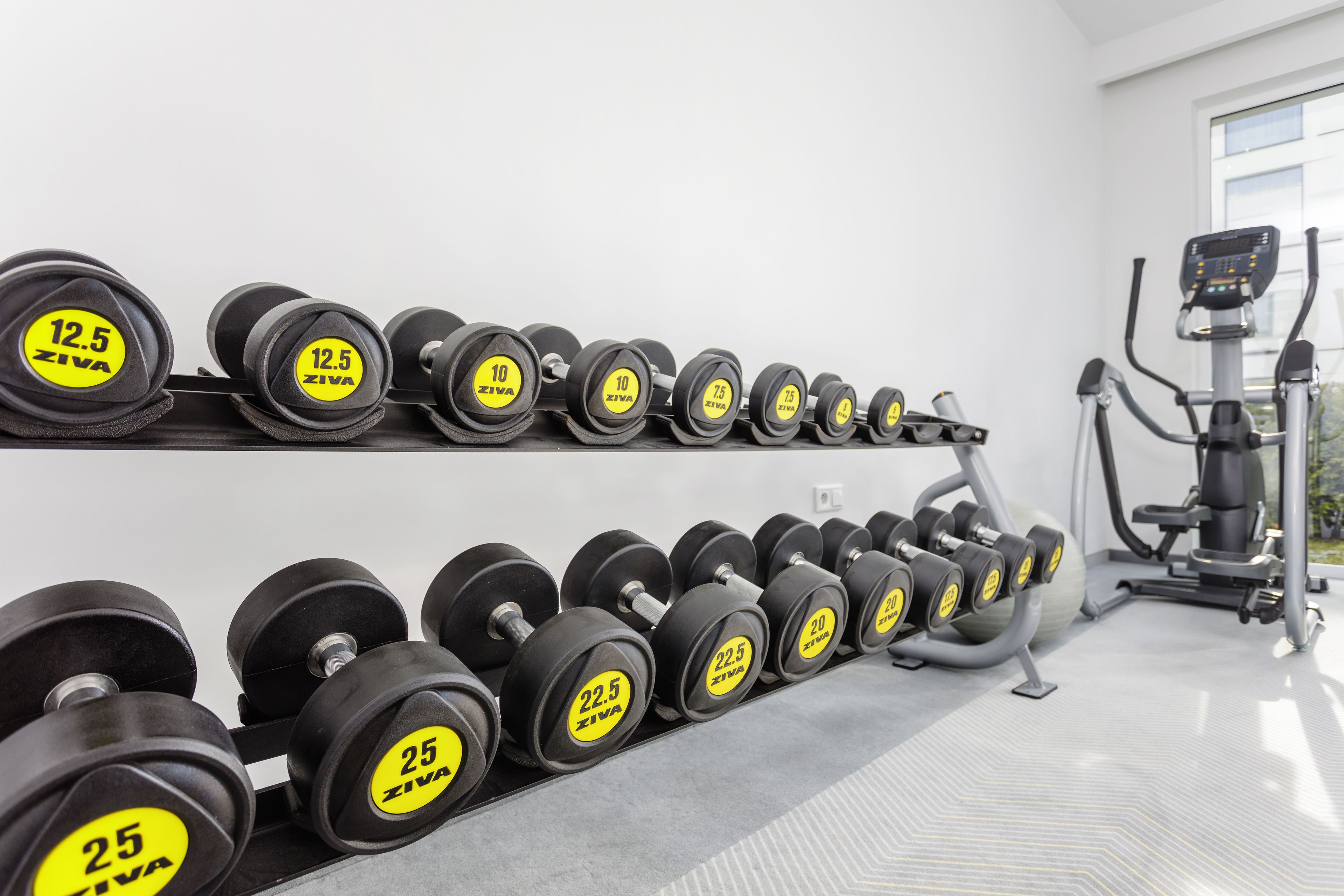 A gym with rows of dumbbells on racks, an exercise bike, and a treadmill.