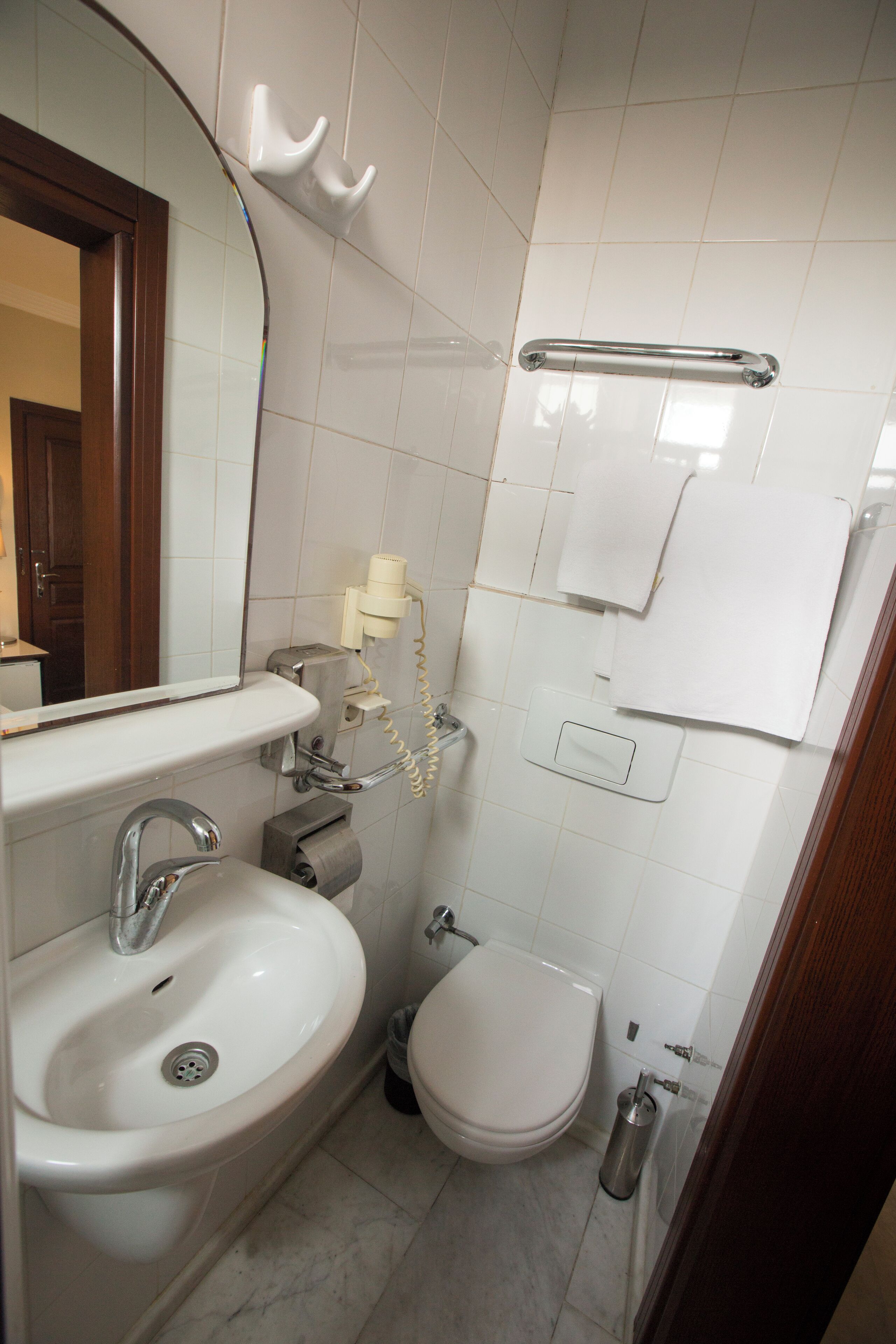 A bathroom with a sink, toilet, and a mirror.
