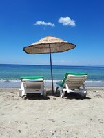 Private beach, sun loungers, beach umbrellas, beach bar