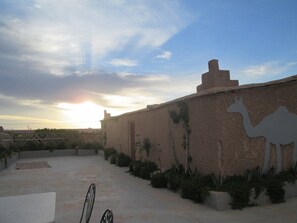 A courtyard with a camel silhouette on a wall, a metal chair, and a concrete pathway. - Auberge Toda (Ait Sedrate Sahl El Gharbia)
