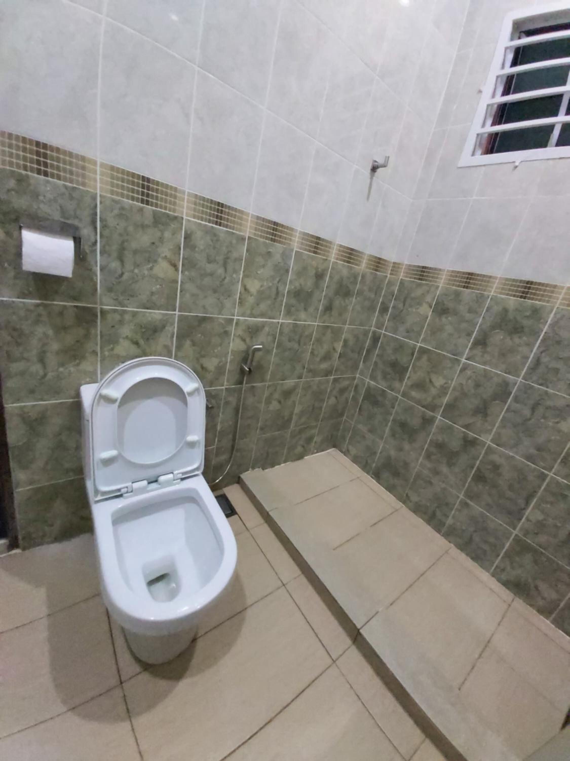 A small bathroom with a toilet, a window, and a tiled wall.